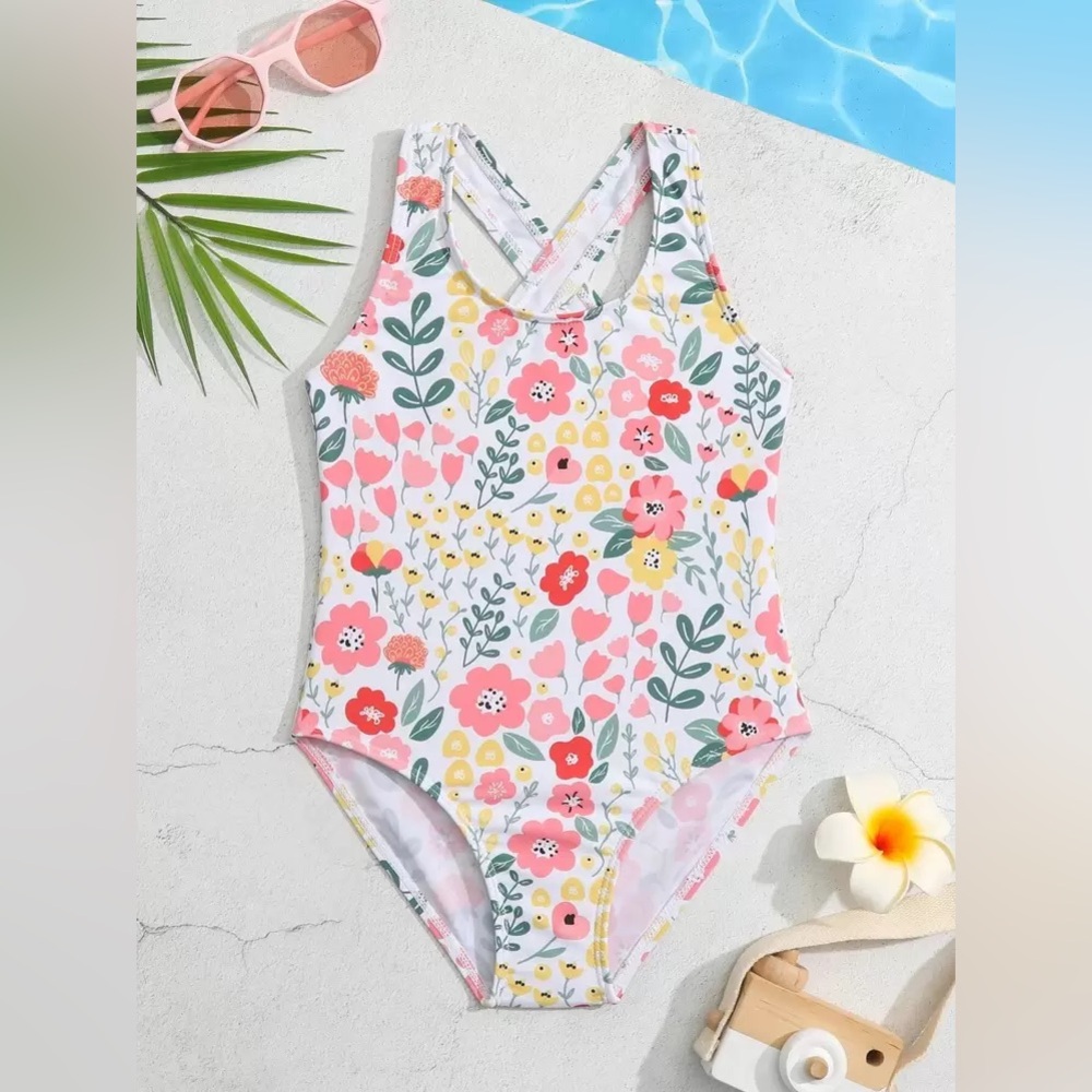 SHEIN Floral Print Kids One Piece Swimsuit - Pink and Yellow